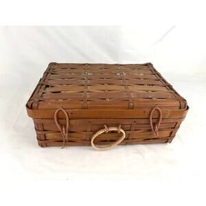Vintage Handmade Split Bamboo Woven‎ Suitcase Basket Brass Hinged Japan Made